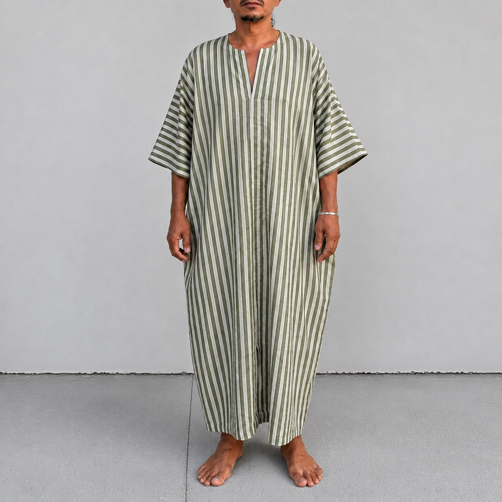 Kabak Kaftan Oatmeal Khaki Green Stripe
