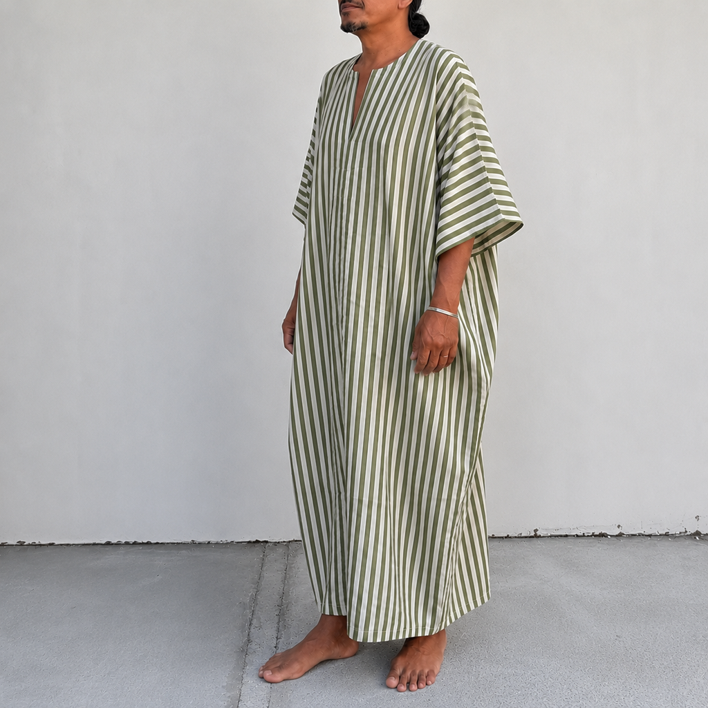 Kabak Kaftan Oatmeal Khaki Green Stripe
