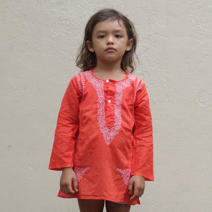 Chikan Kurta Coral